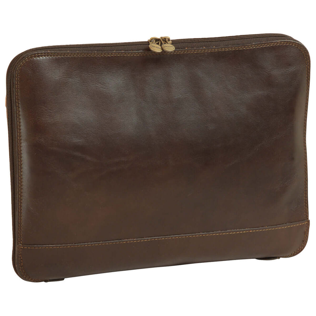Porta documenti pelle marrone scuro in vera pelle pieno fiore con chiusura lampo.