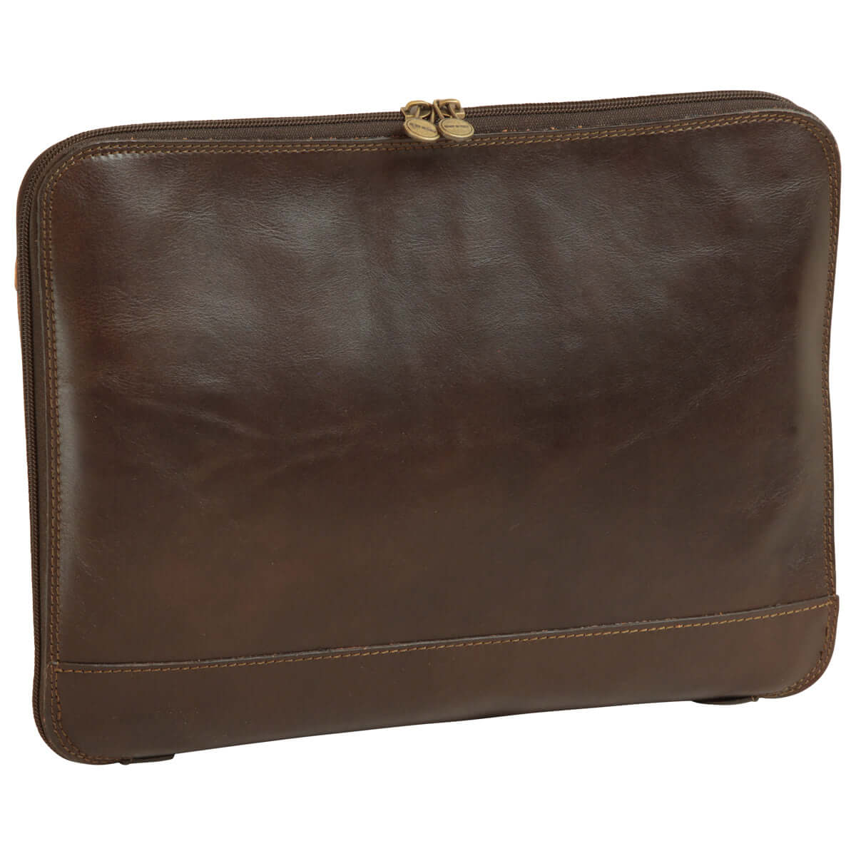 Porta documenti pelle marrone scuro in vera pelle pieno fiore con chiusura lampo.