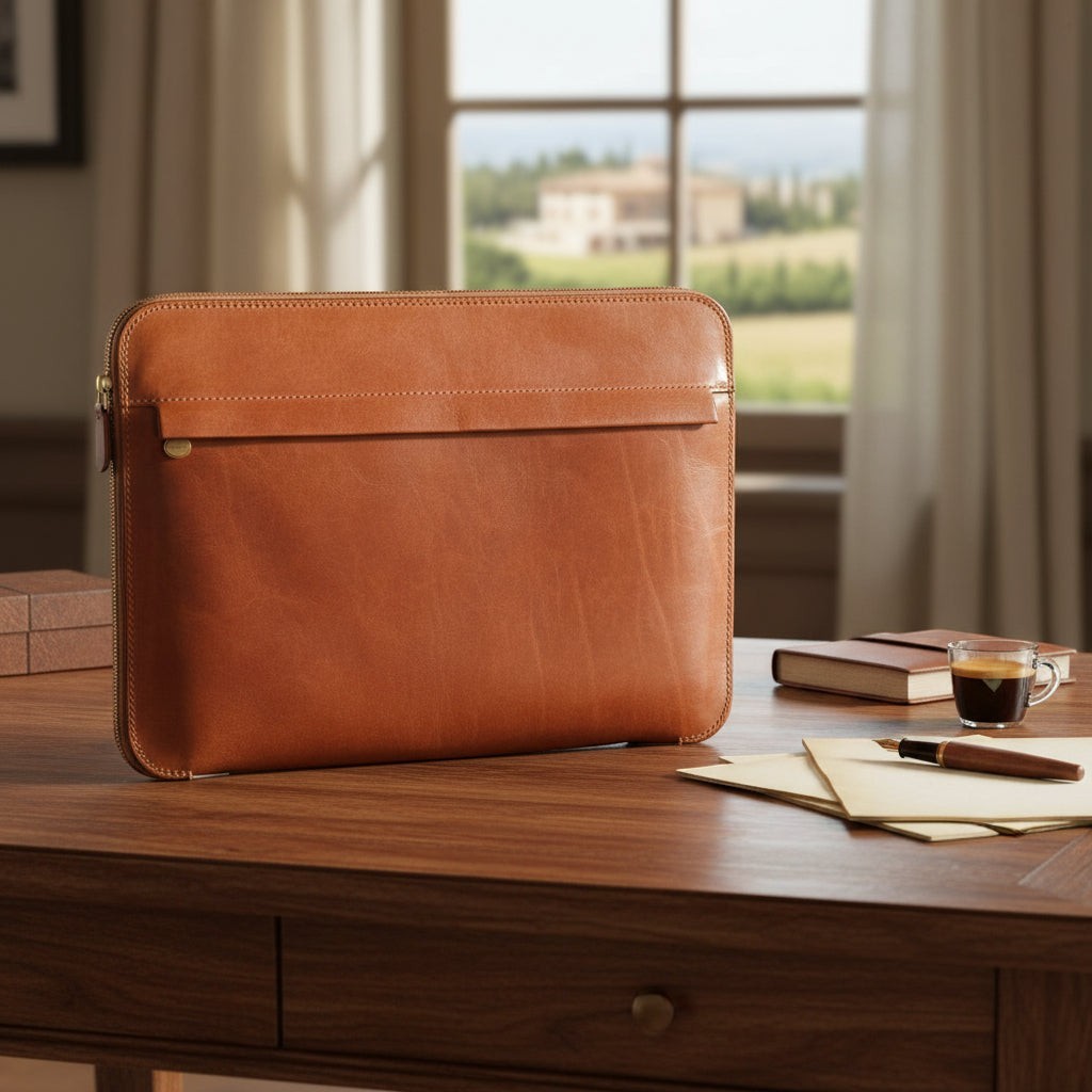 Portadocumenti in pelle marrone con zip superiore e maniglia laterale.