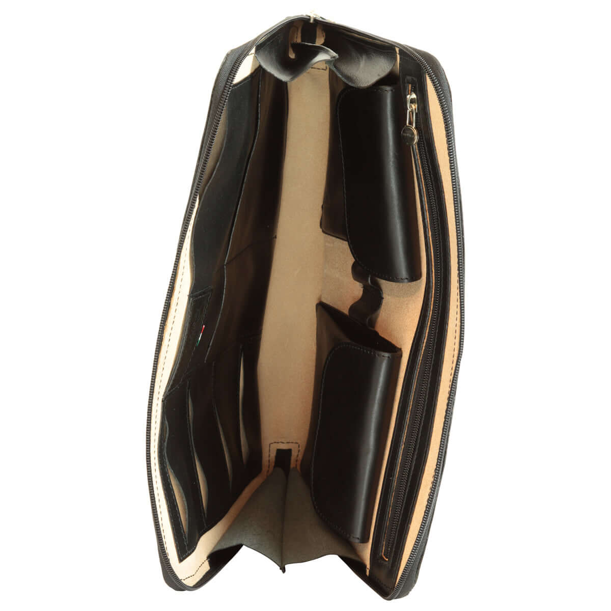 Interno di un porta documenti in pelle nera con tasche per carte e accessori, porta documenti in pelle nera.
