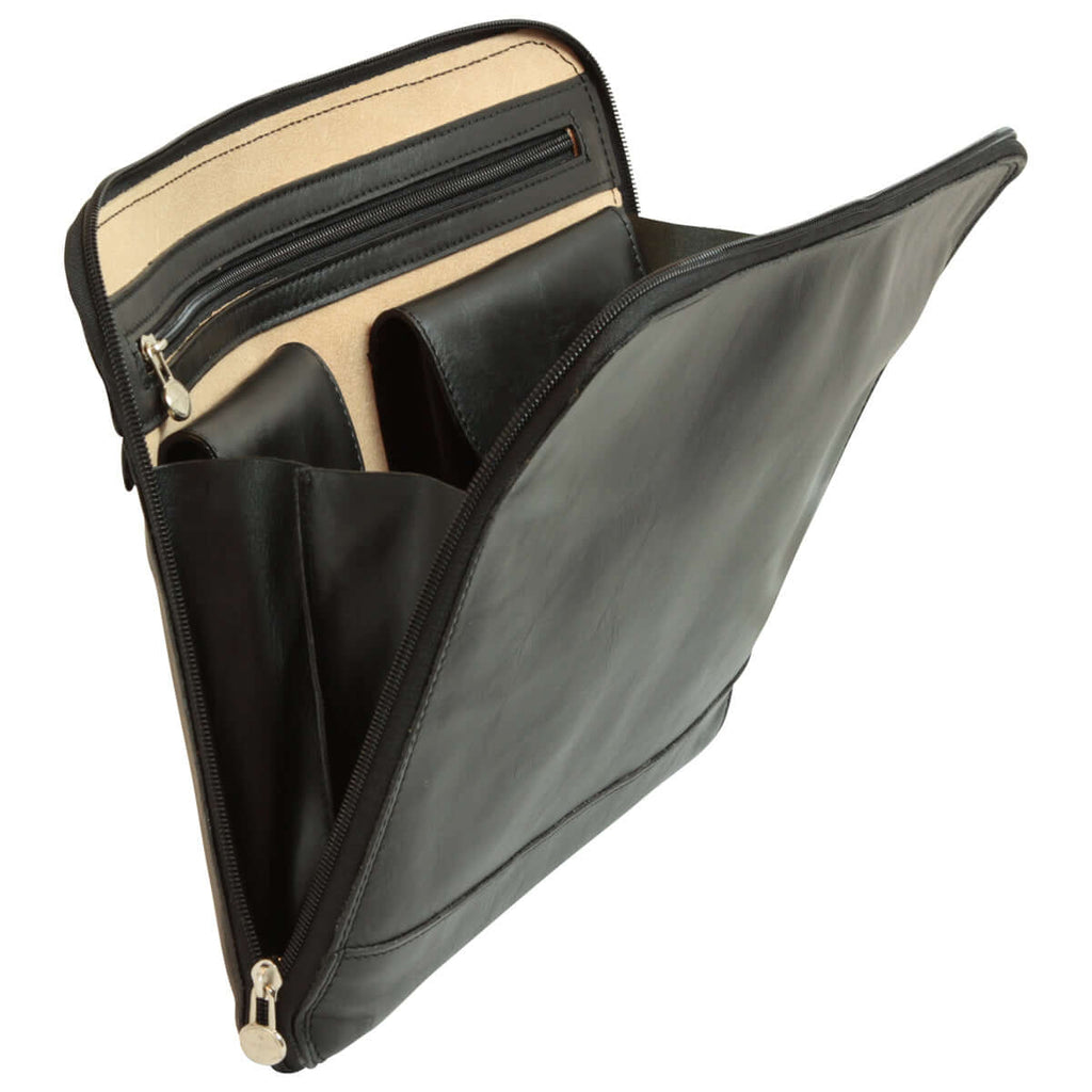 Porta documenti in pelle nera aperto, con tasche e scomparti per organizzare documenti e accessori.