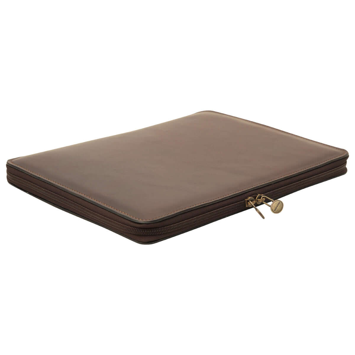Porta documenti in pelle marrone scuro con chiusura a cerniera, elegante e funzionale.