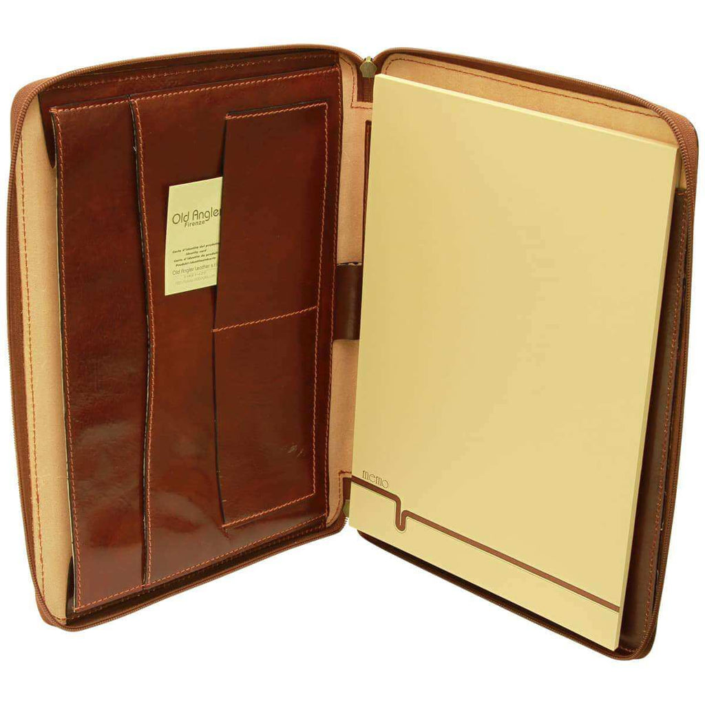 Porta Documenti in Pelle Marrone aperto, mostra tasche interne e portablocco in bella pelle di vitello.