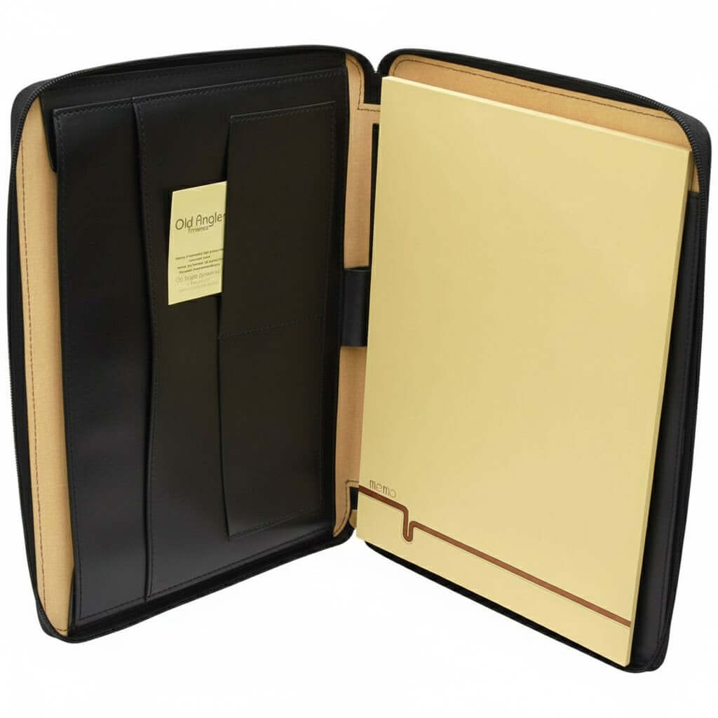 Porta documenti pelle nera artigianale, interno con tasche e blocco note, qualità artigianale italiana.