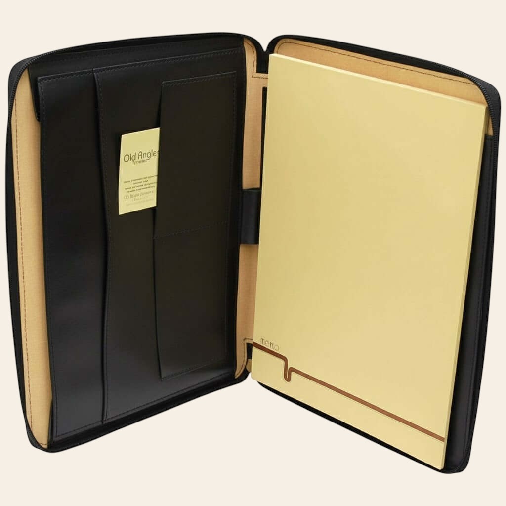 Porta documenti in pelle nero aperto con vano interno nero e pannello beige