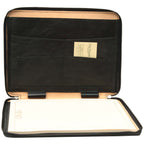 Porta documenti in pelle nero aperto con fodera beige e superficie bianca estraibile