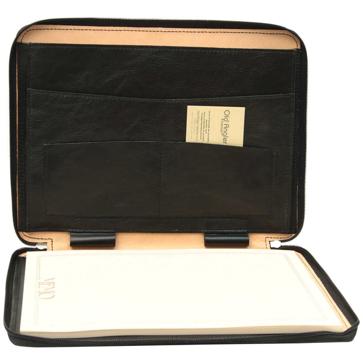 Porta documenti pelle nera artigianale con due tasche interne e porta blocco notes.