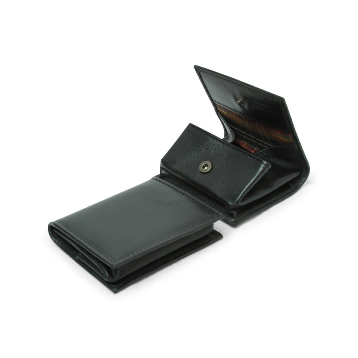 Porta monete pelle vitello nero aperto, dimensioni 8,5 x 8,5 cm, con chiusura a bottone e foderato in tessuto.
