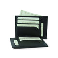 Porta carte in vera pelle nera RFID, con scomparti e patta frontale.
