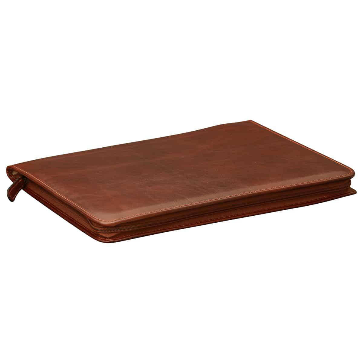 Porta documenti pelle marrone con zip, chiusura lampo su quattro lati, elegante e pratico.