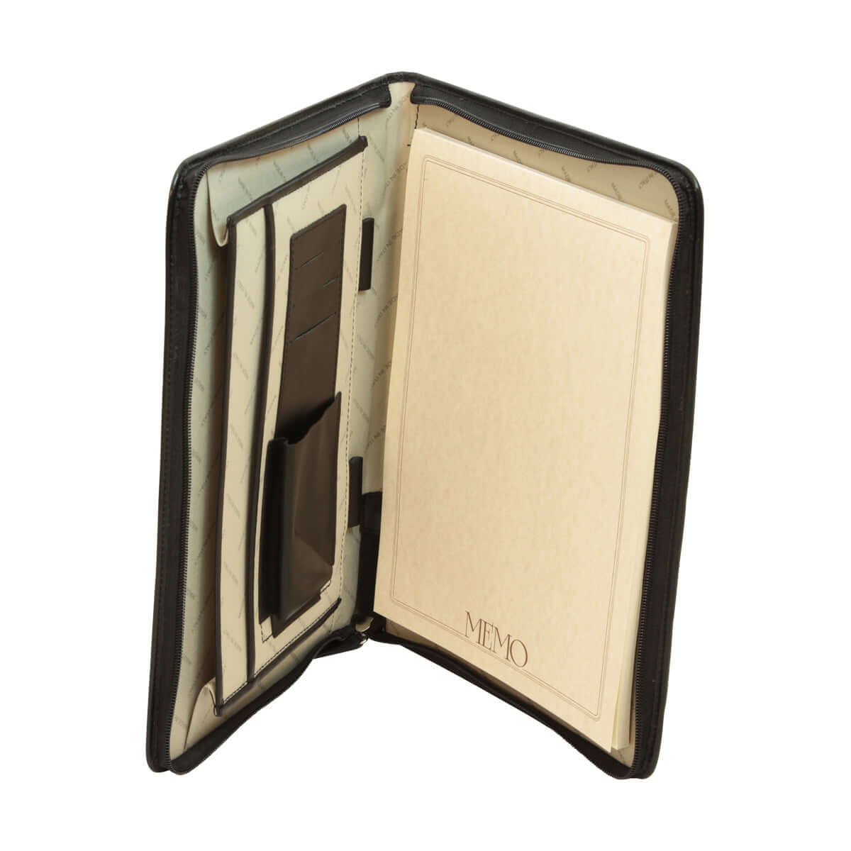 Porta documenti pelle marrone con zip, apertura totale, interno in poliestere e tasche per documenti e penne.