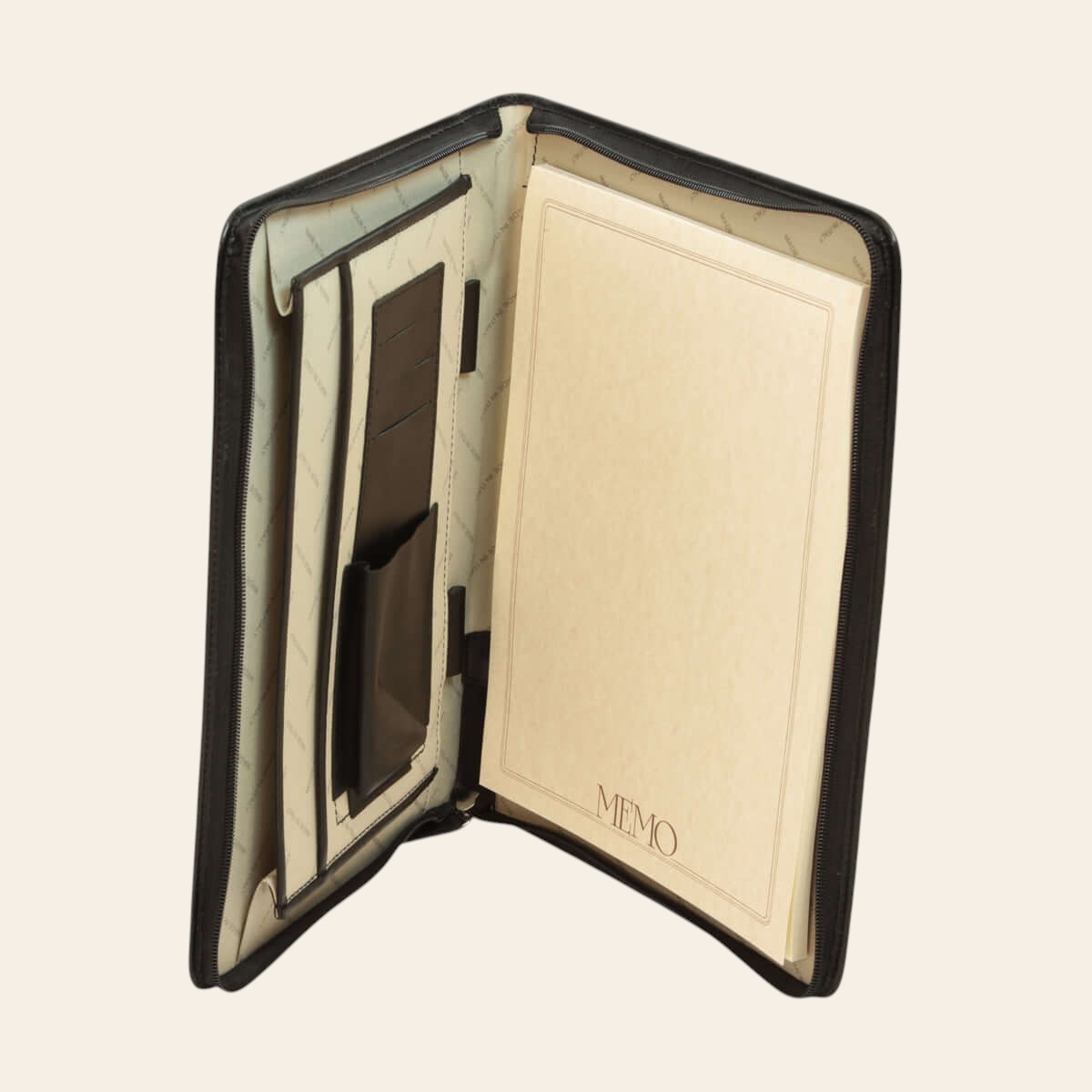 Porta documenti marrone con interno beige e più scomparti.