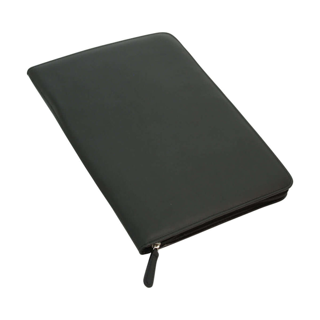 Porta documenti zip pelle A4 nero con chiusura lampo e tasche interne per documenti.