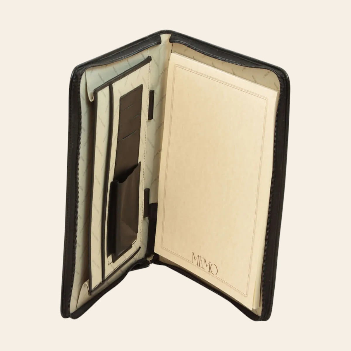 Porta documenti in pelle nera A4 con zip, aperto con tasche interne