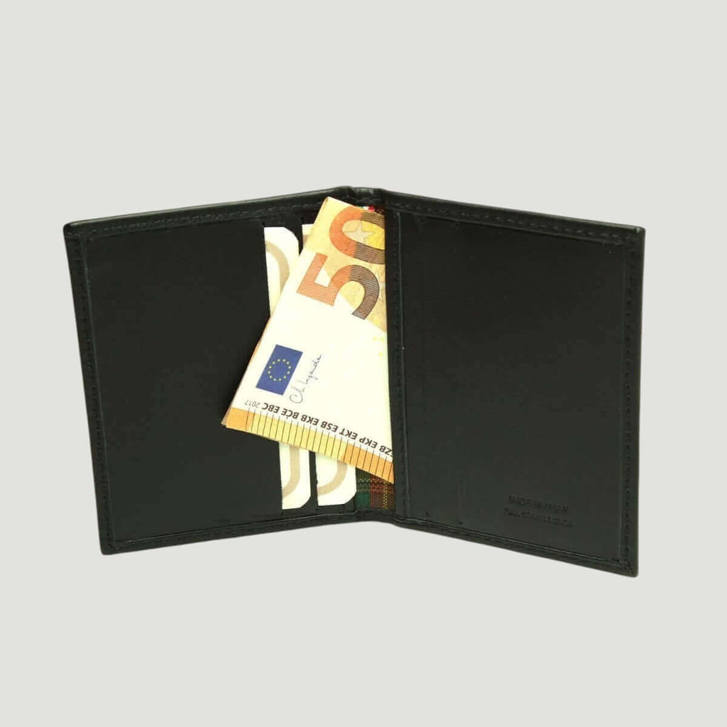 Portacarte in pelle nera RFID aperto, con card inserita in due scomparti