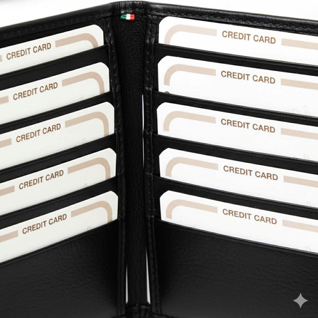 Portacarte pelle RFID nero con taschini per carte, made in Italy, elegante e funzionale.