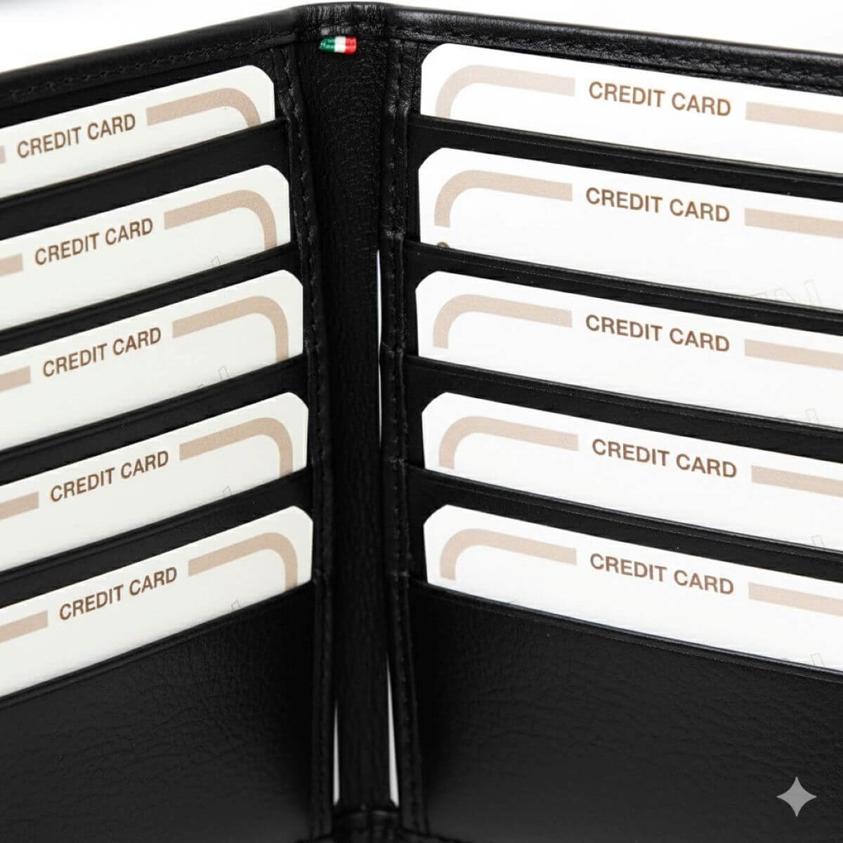 Portacarte pelle RFID nero con taschini per carte, made in Italy, elegante e funzionale.