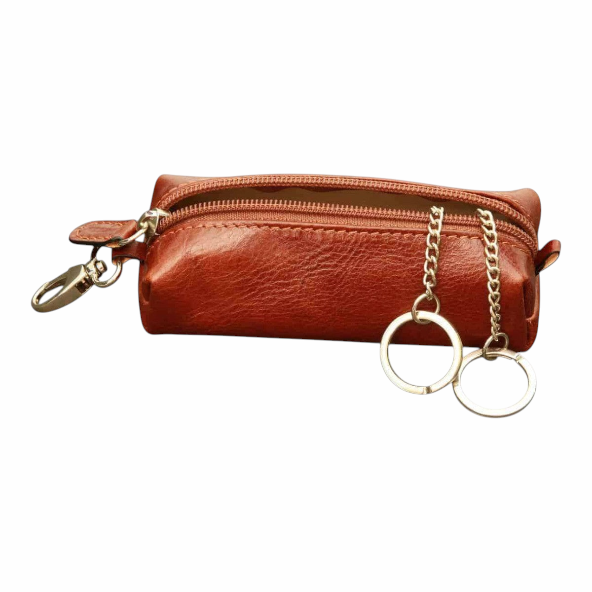 Portachiavi marrone in pelle con zip e moschettone, catena con due anelli