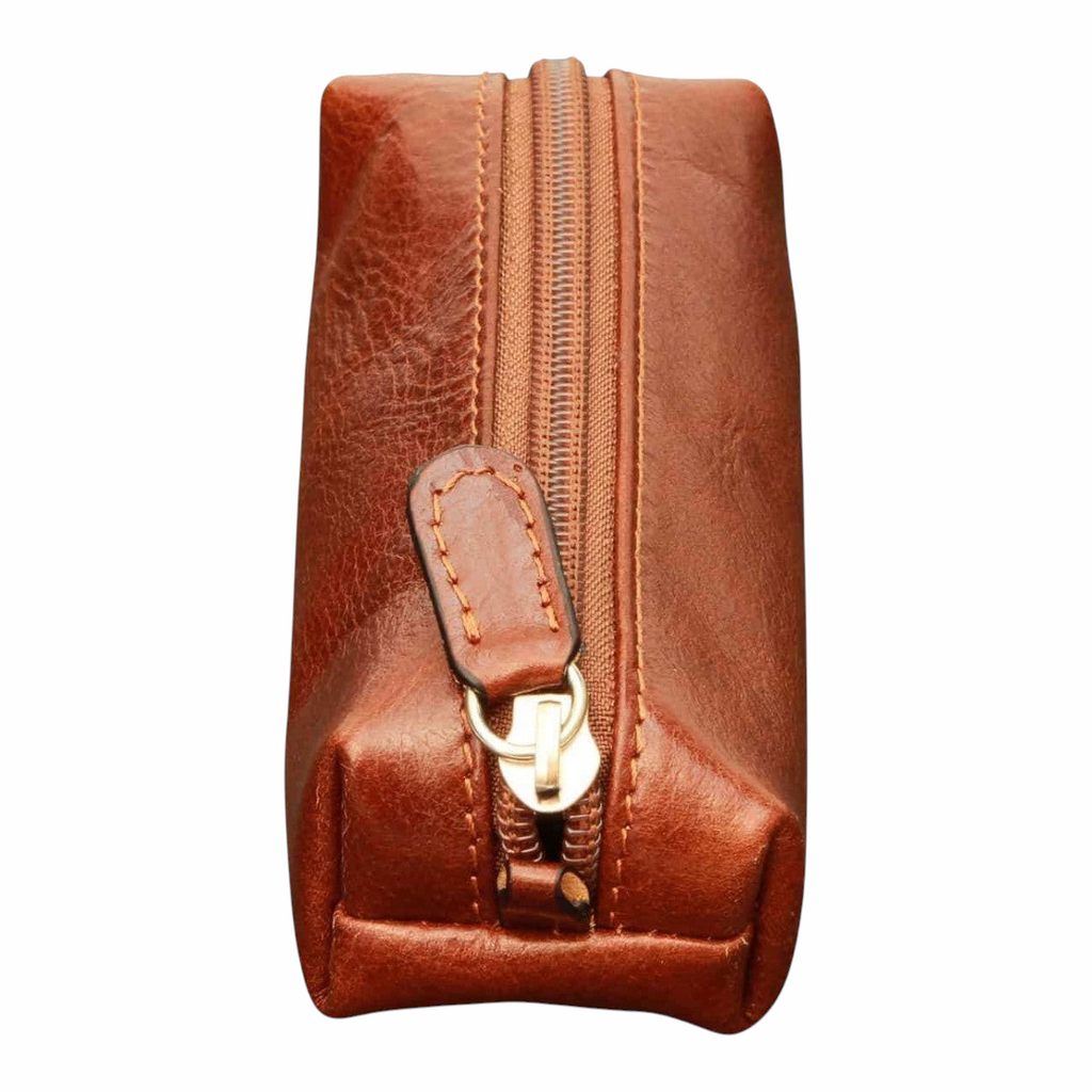 Portachiavi marrone in pelle con zip, anello portachiavi e dettaglio cuciture