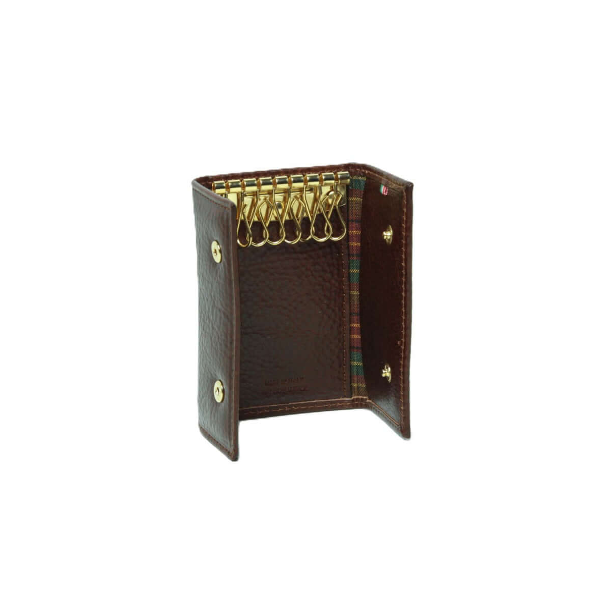 Portachiavi in pelle marrone artigianale con 8 ganci dorati e interni eleganti, perfetto per organizzare le chiavi.
