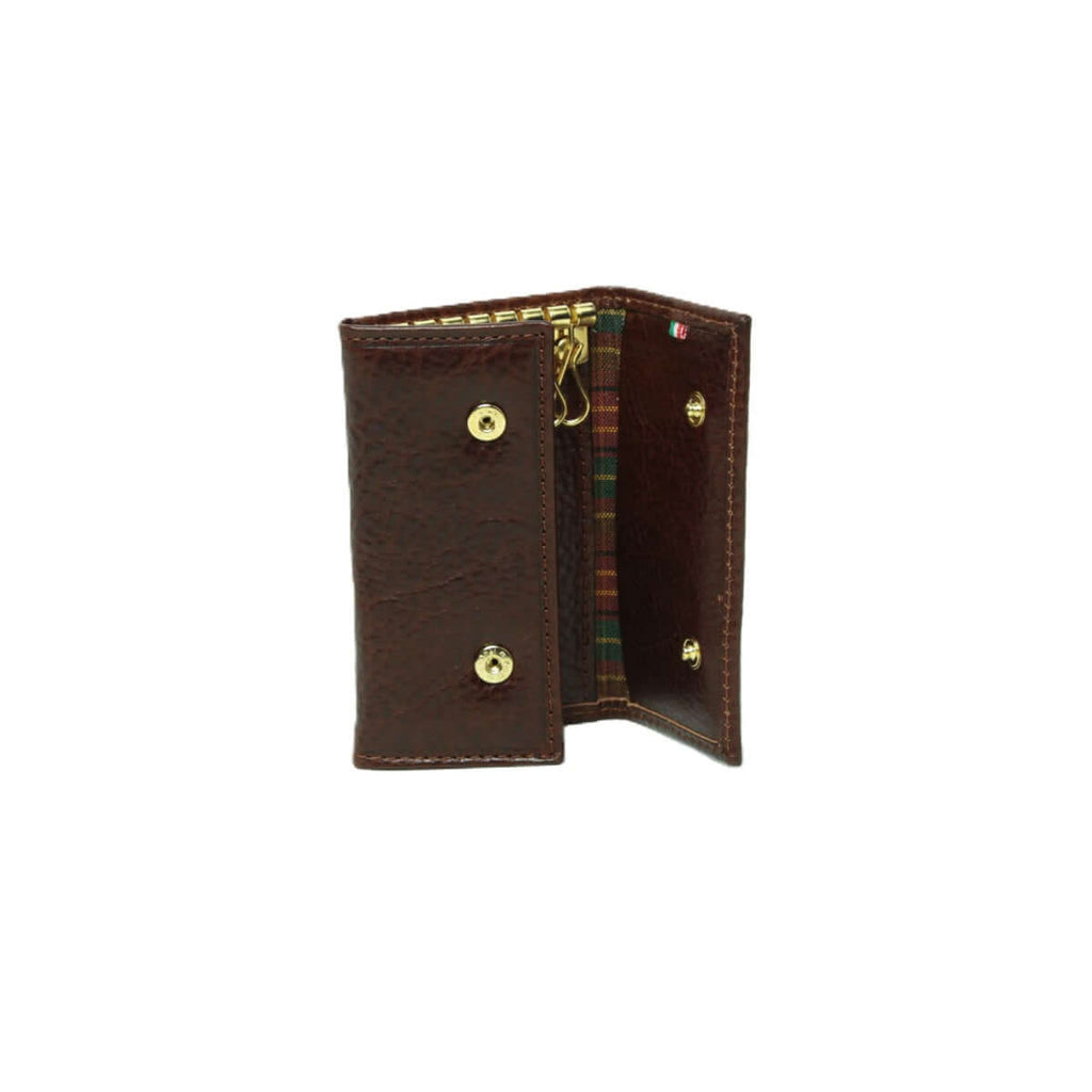 Portachiavi in pelle marrone artigianale con 8 ganci e rifiniture in oro.