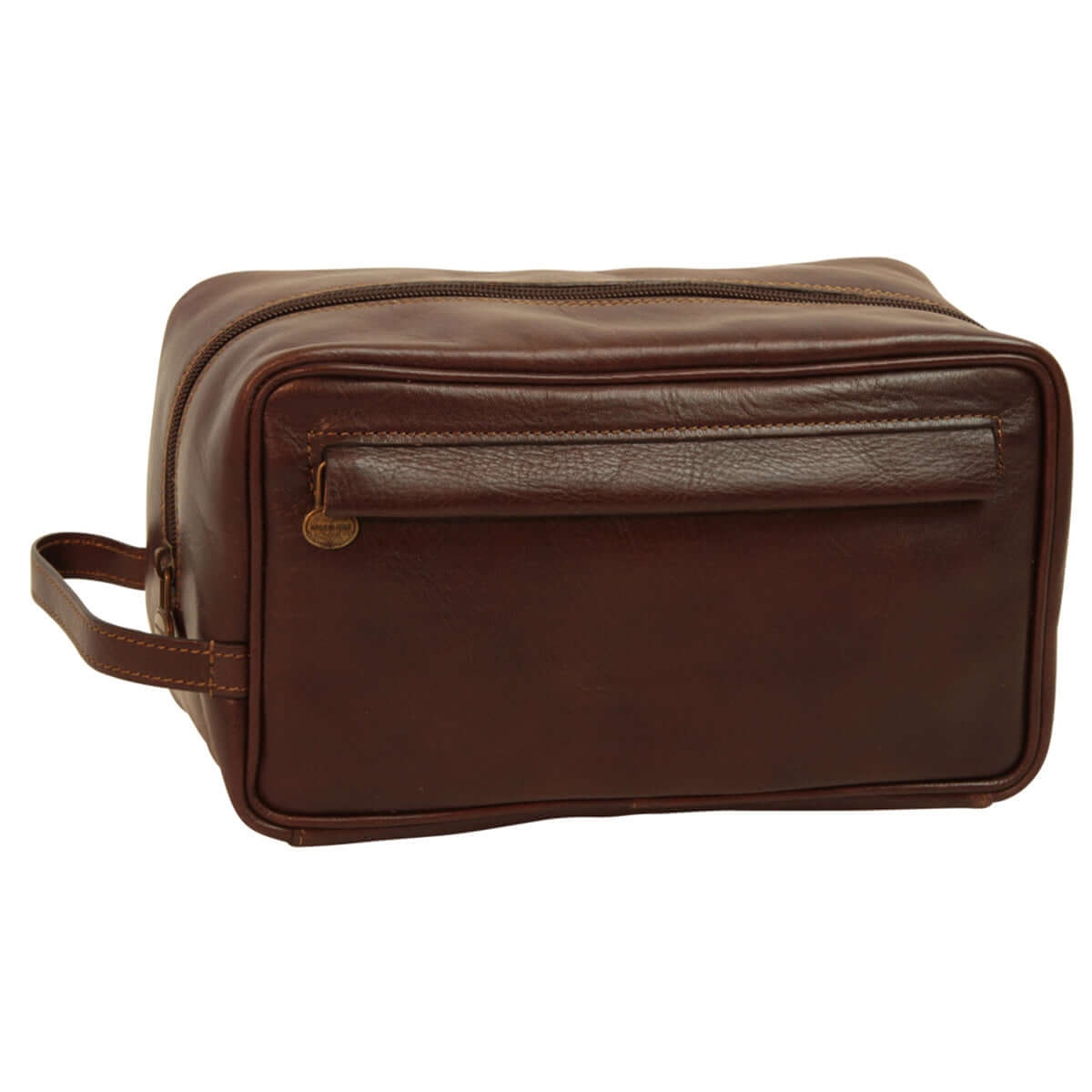 Astuccio cosmetici in pelle marrone con zip e tracolla laterale