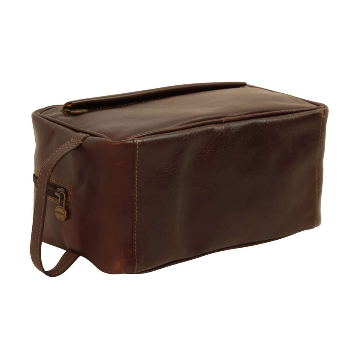 Astuccio cosmetici in pelle marrone con zip laterale e maniglia ad anello