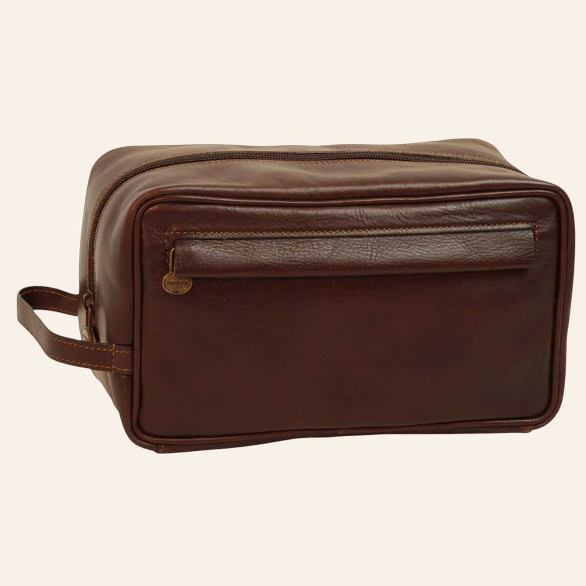Astuccio cosmetici in pelle marrone con zip e tracolla laterale
