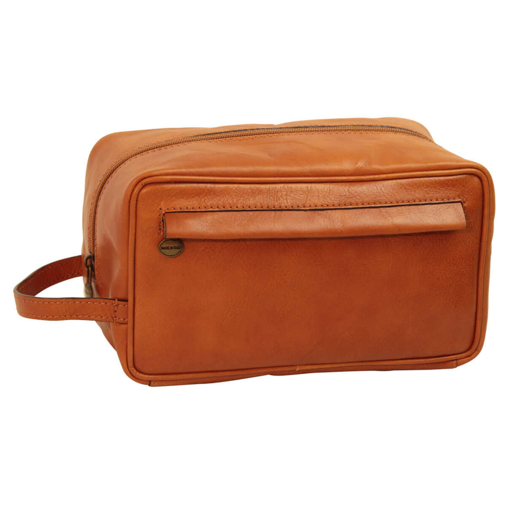 Borsa portacosmetici in pelle marrone con zip e tracolla regolabile