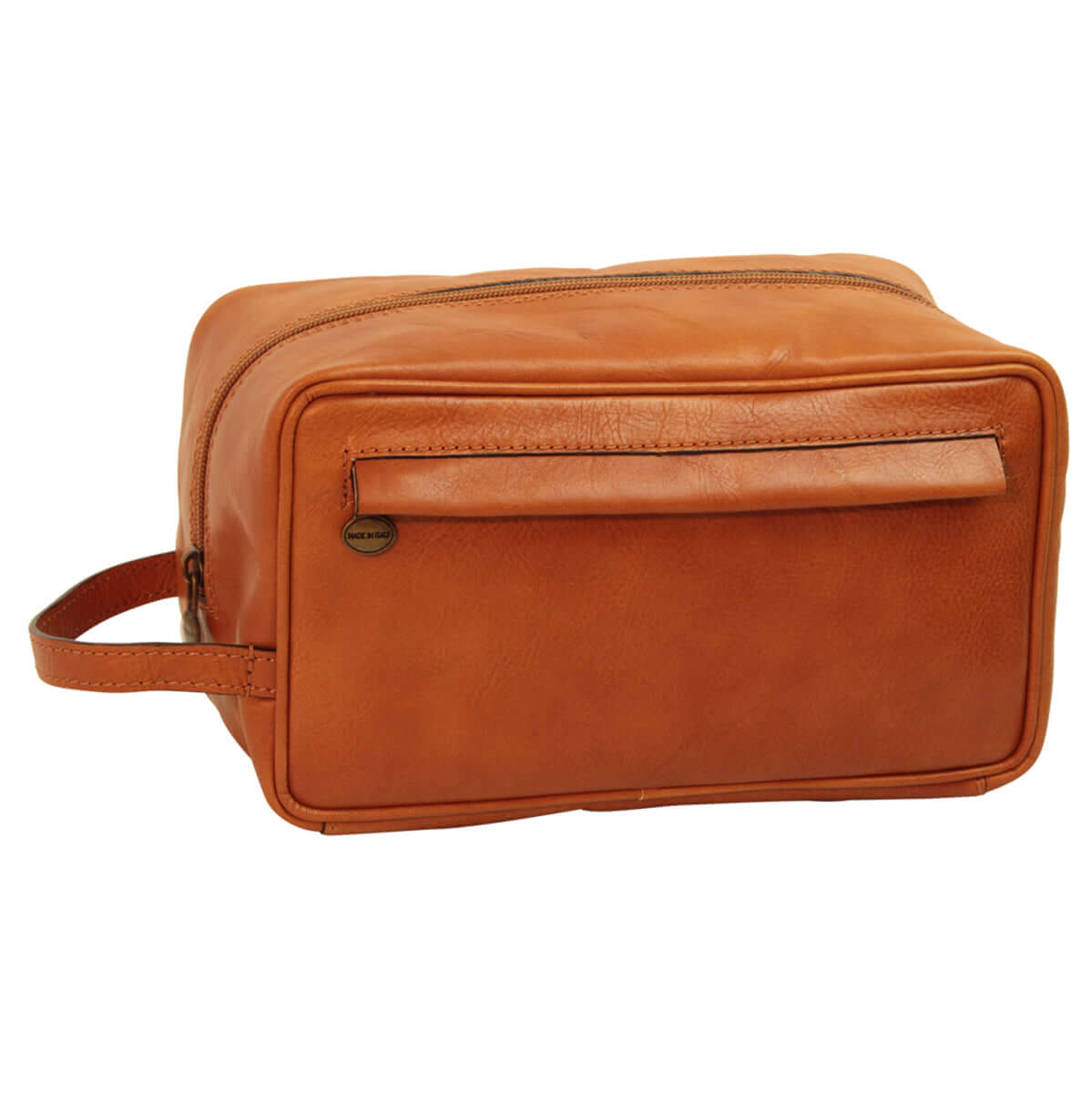 Borsa portacosmetici in pelle marrone con zip e tracolla regolabile