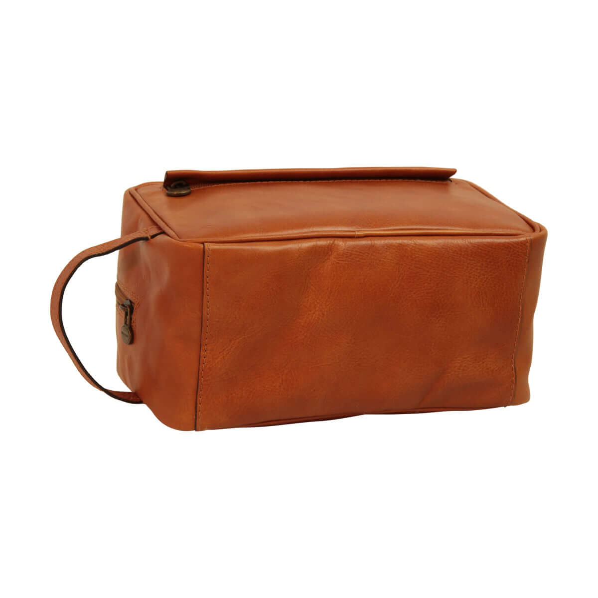 Necessaire in pelle color cuoio con maniglia e chiusura con zip