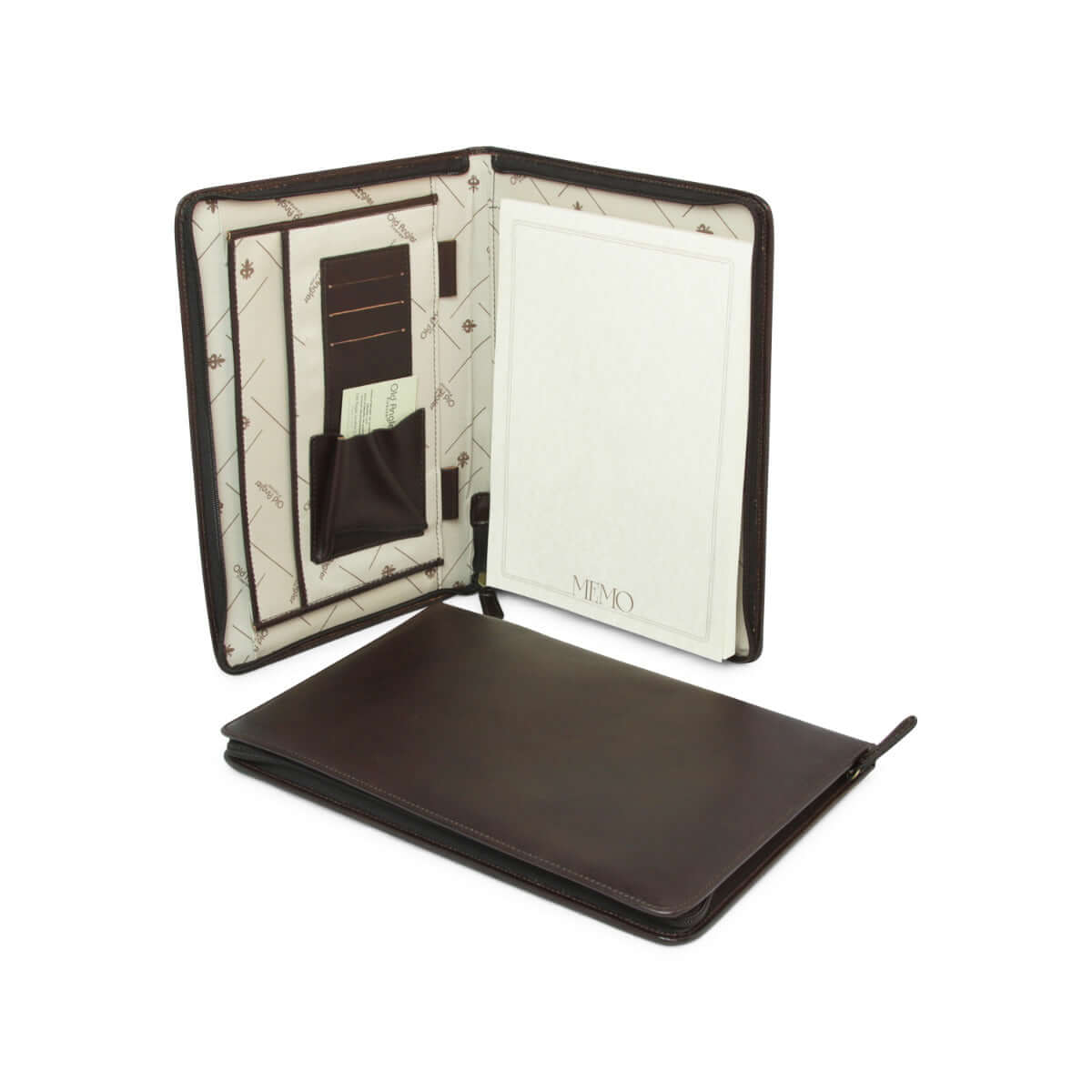 Portadocumenti zip pelle A4 aperto con tasche, blocco notes e chiusura lampo.