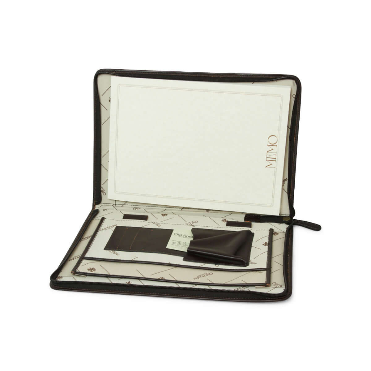 Portadocumenti zip pelle A4 aperto, con chiusura lampo e accessori interni per documenti e note.