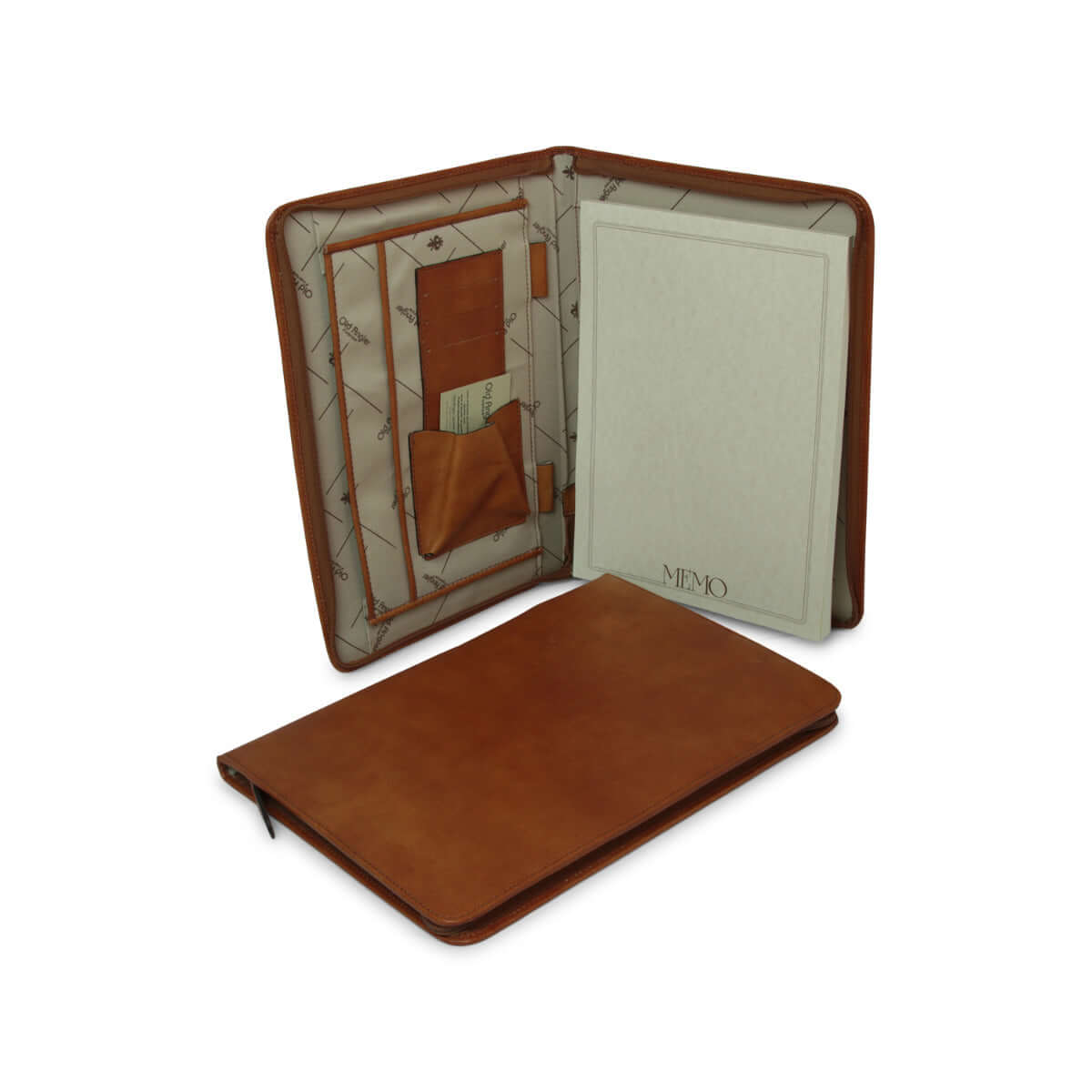 Portadocumenti zip pelle coloniale, apertura totale con chiusura lampo e tasche interne, formato A4.
