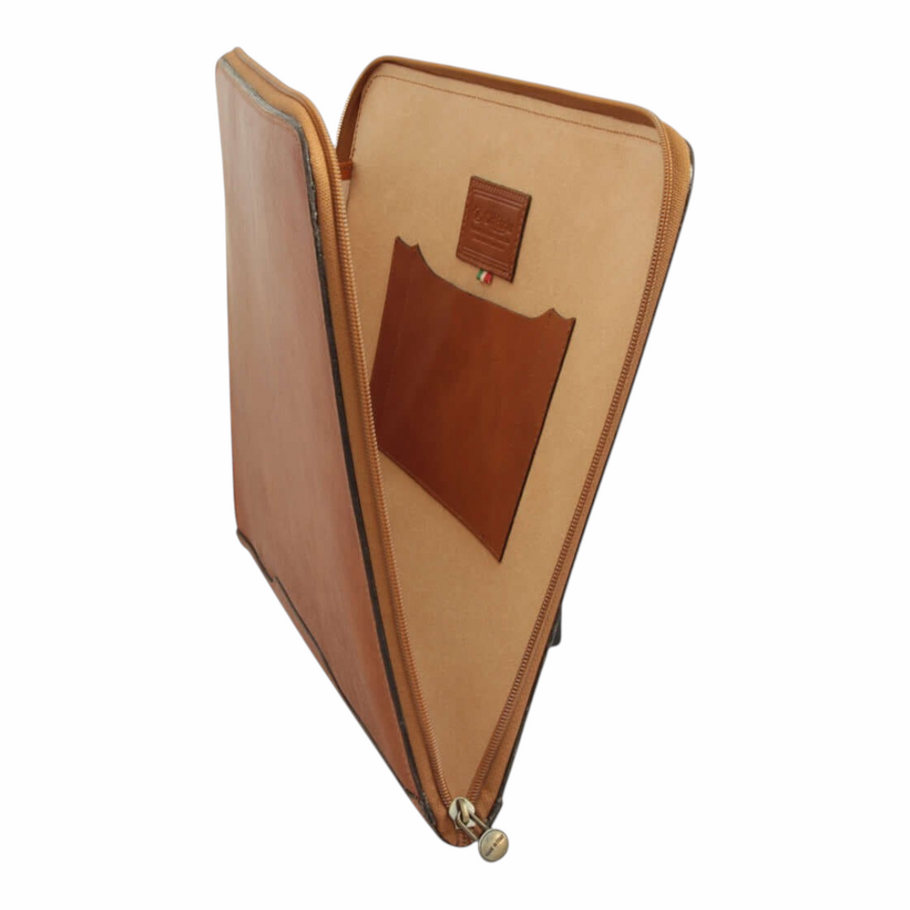Portadocumenti in pelle marrone con fodera beige e tasca interna