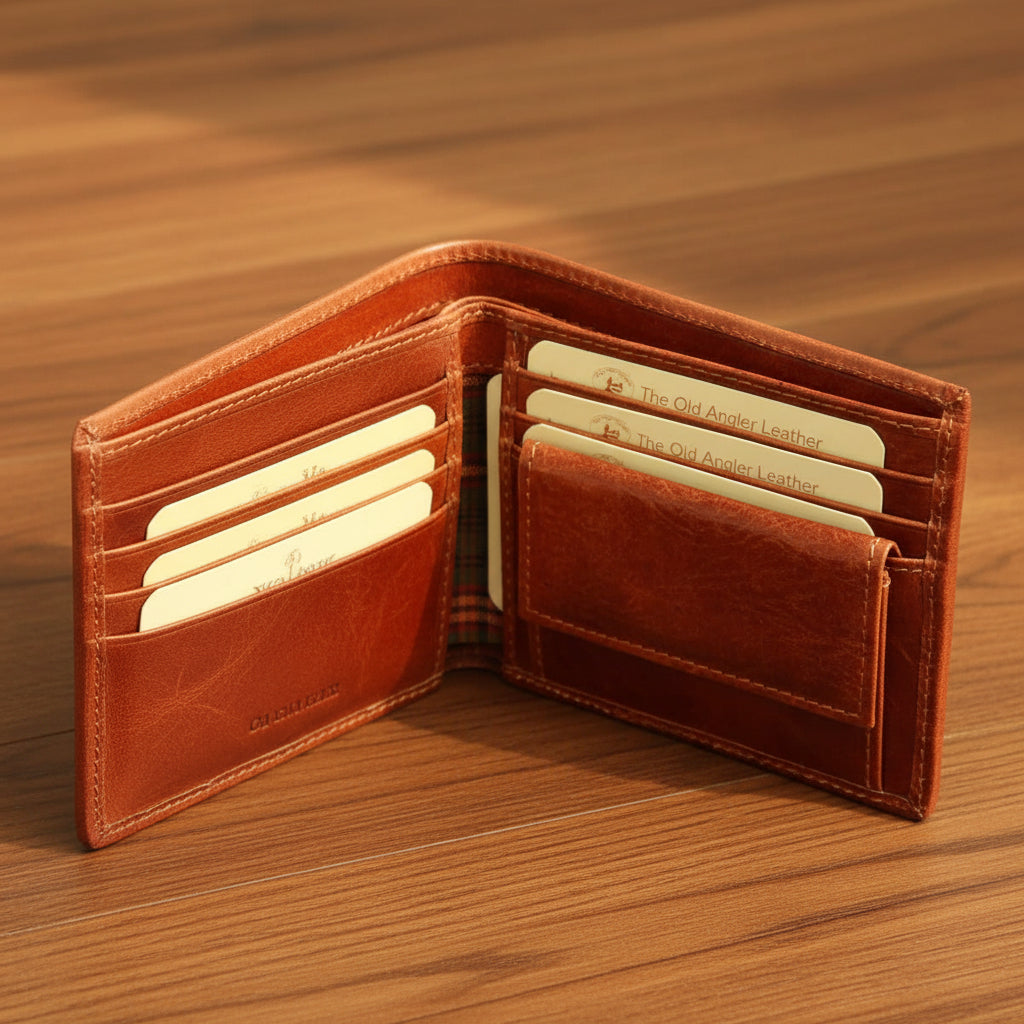 Portafoglio in pelle marrone aperto con tasche per carte e vano interno