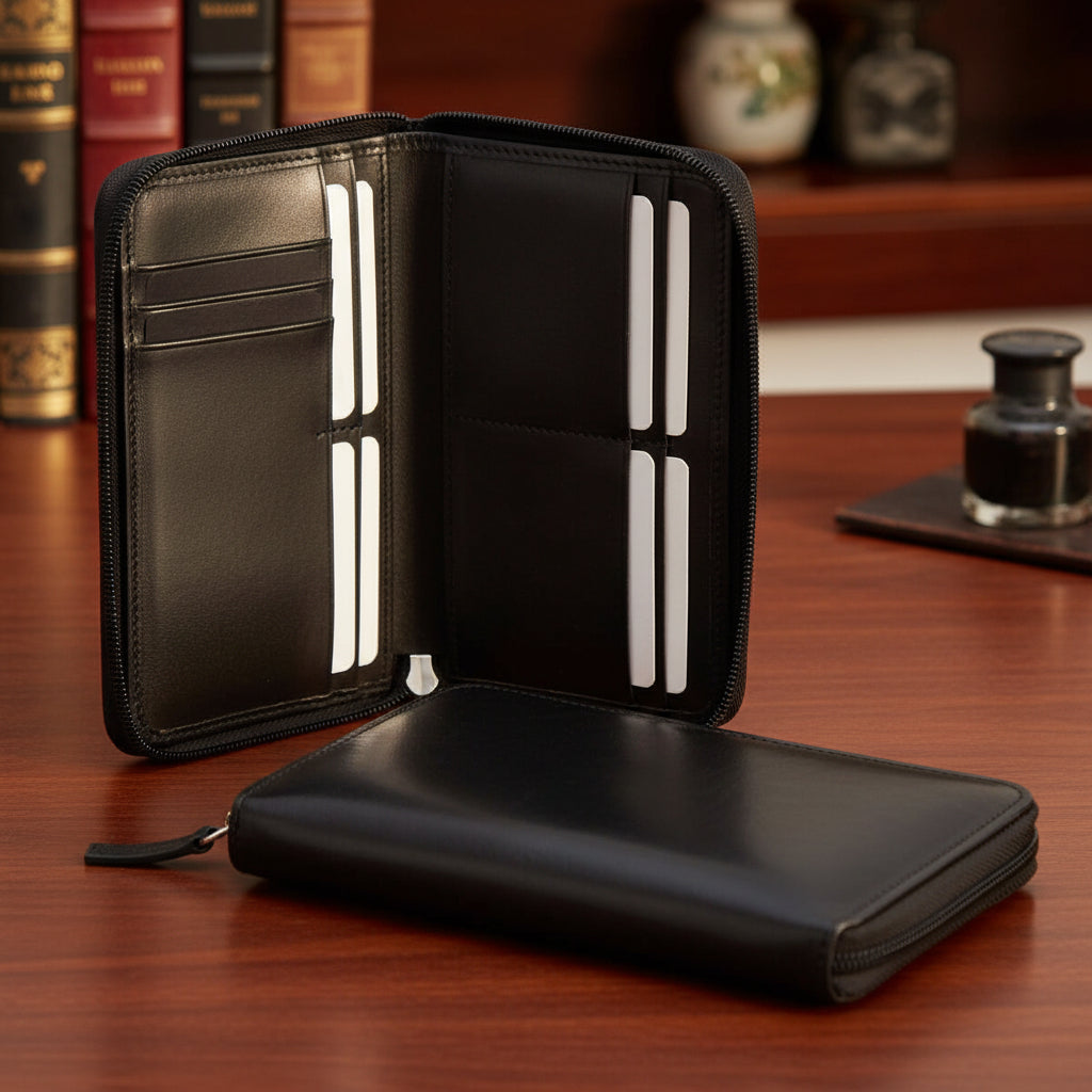 Portafoglio in pelle nero aperto con tasche porta carte e cerniera