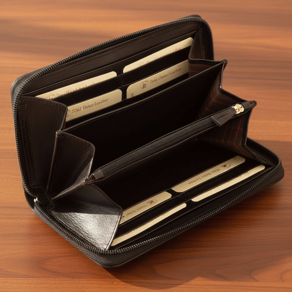 Portafoglio in pelle nero aperto con vani carte e tasca interna con zip