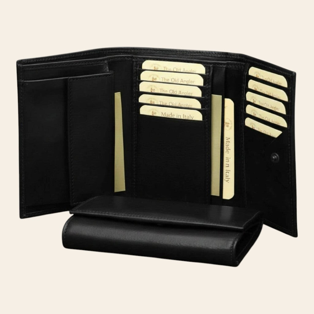 Portafoglio donna in pelle nera Old Angler con 3 scomparti e slot carte, Made in Italy