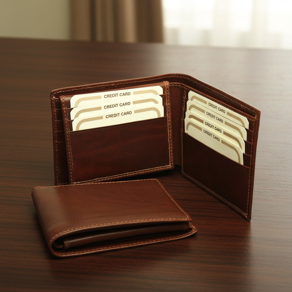 Portafoglio in pelle marrone aperto con carte in tasche interne e sportello doppio.