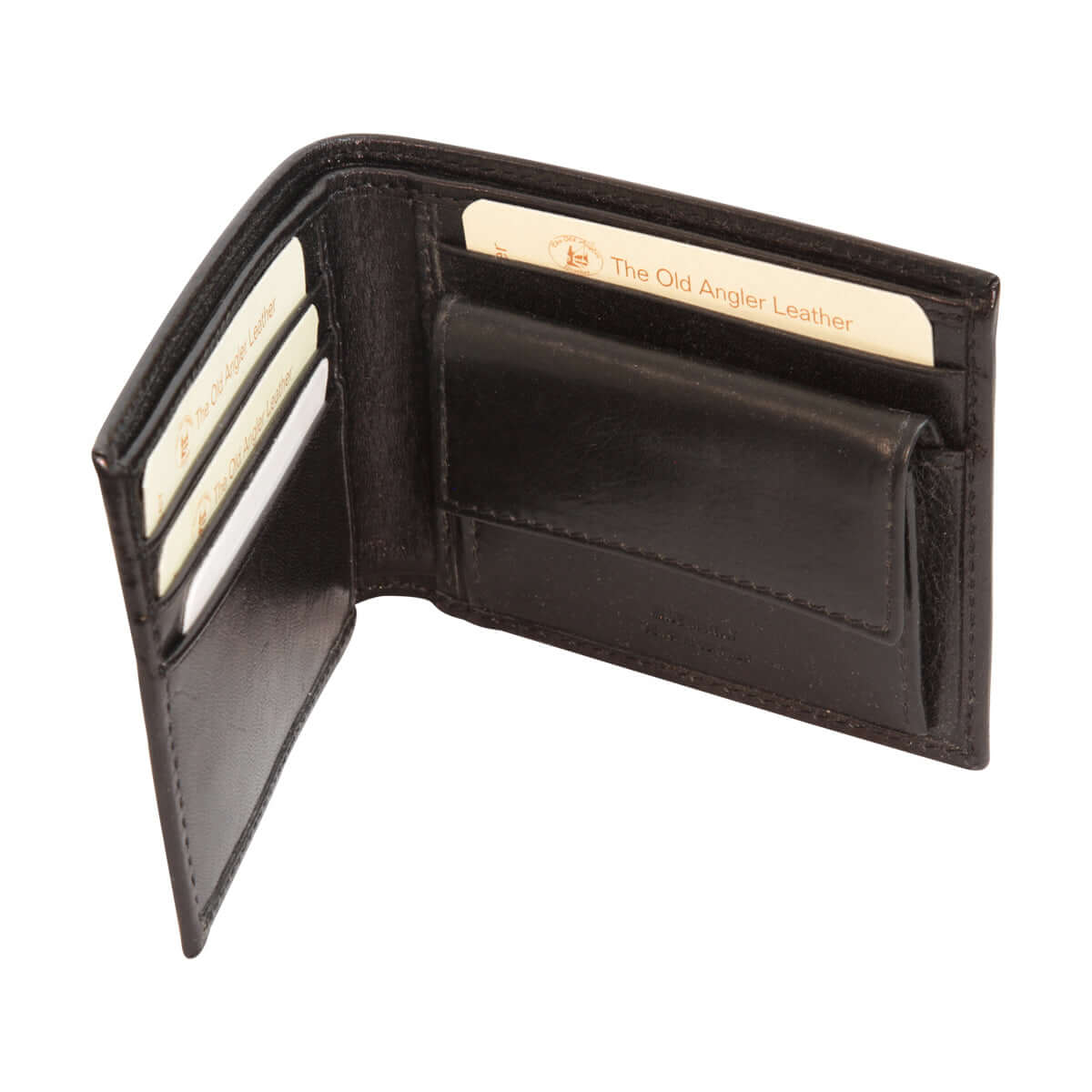 Portafoglio in pelle nero aperto, tasca carte e etichetta The Old Angler Leather