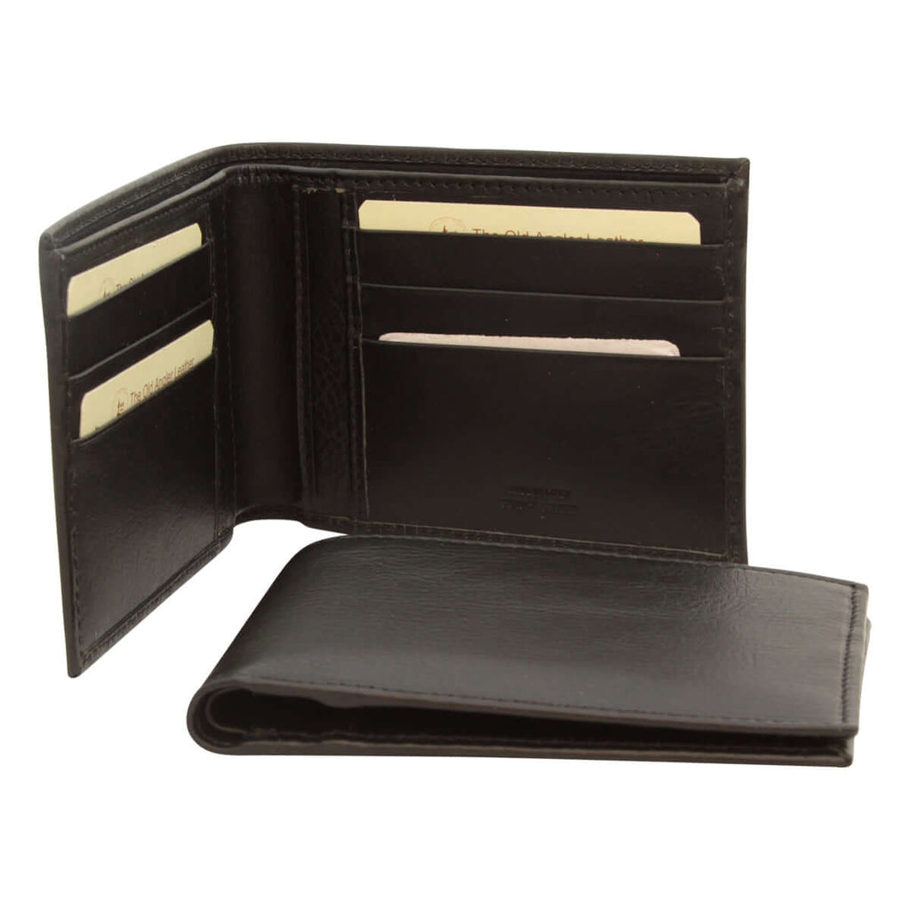 Portafoglio in pelle nero con due scomparti per carte, aperto