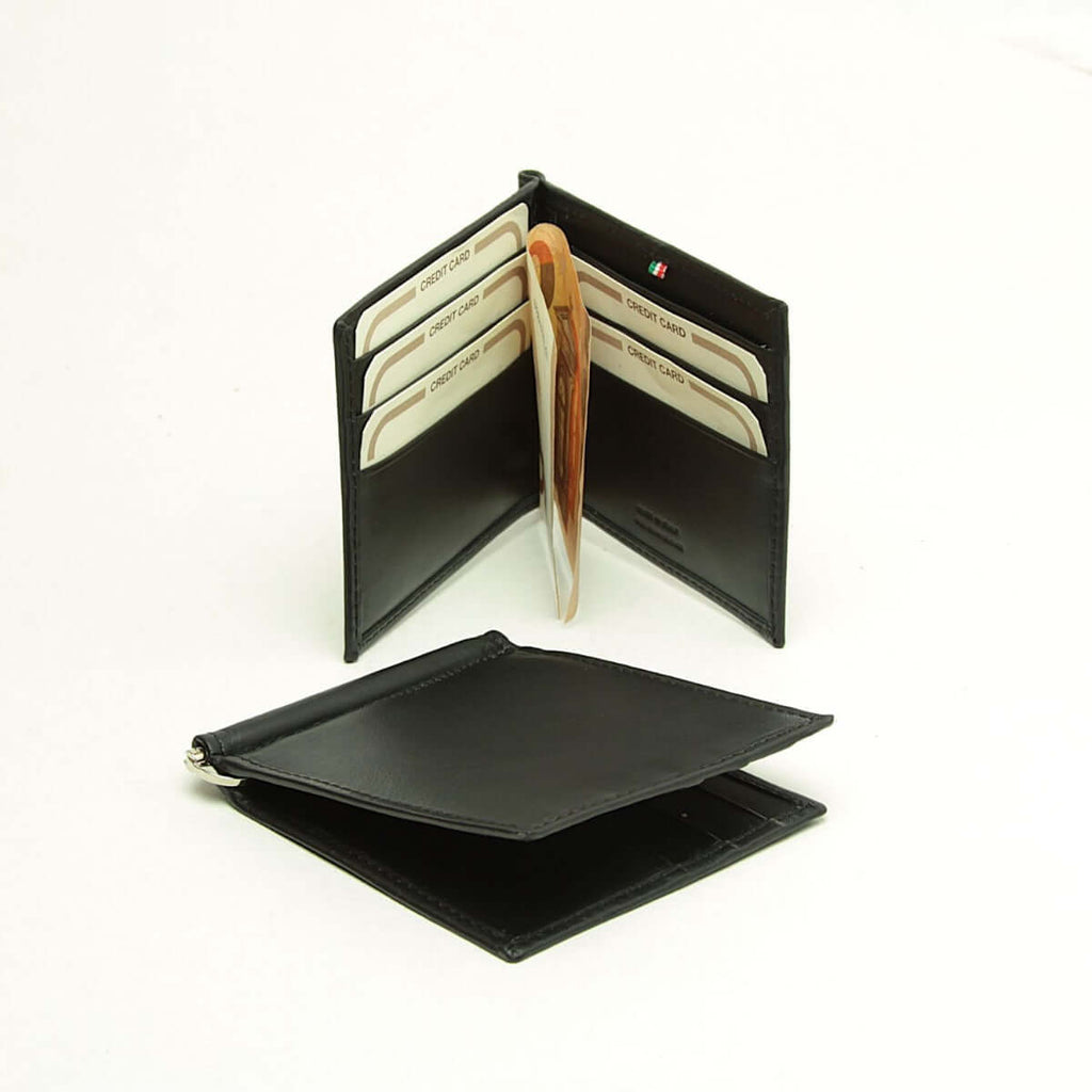 Portafoglio pelle fermasoldi schermatura RFID, in pelle bovina con 6 scomparti per carte di credito, Made in Italy.