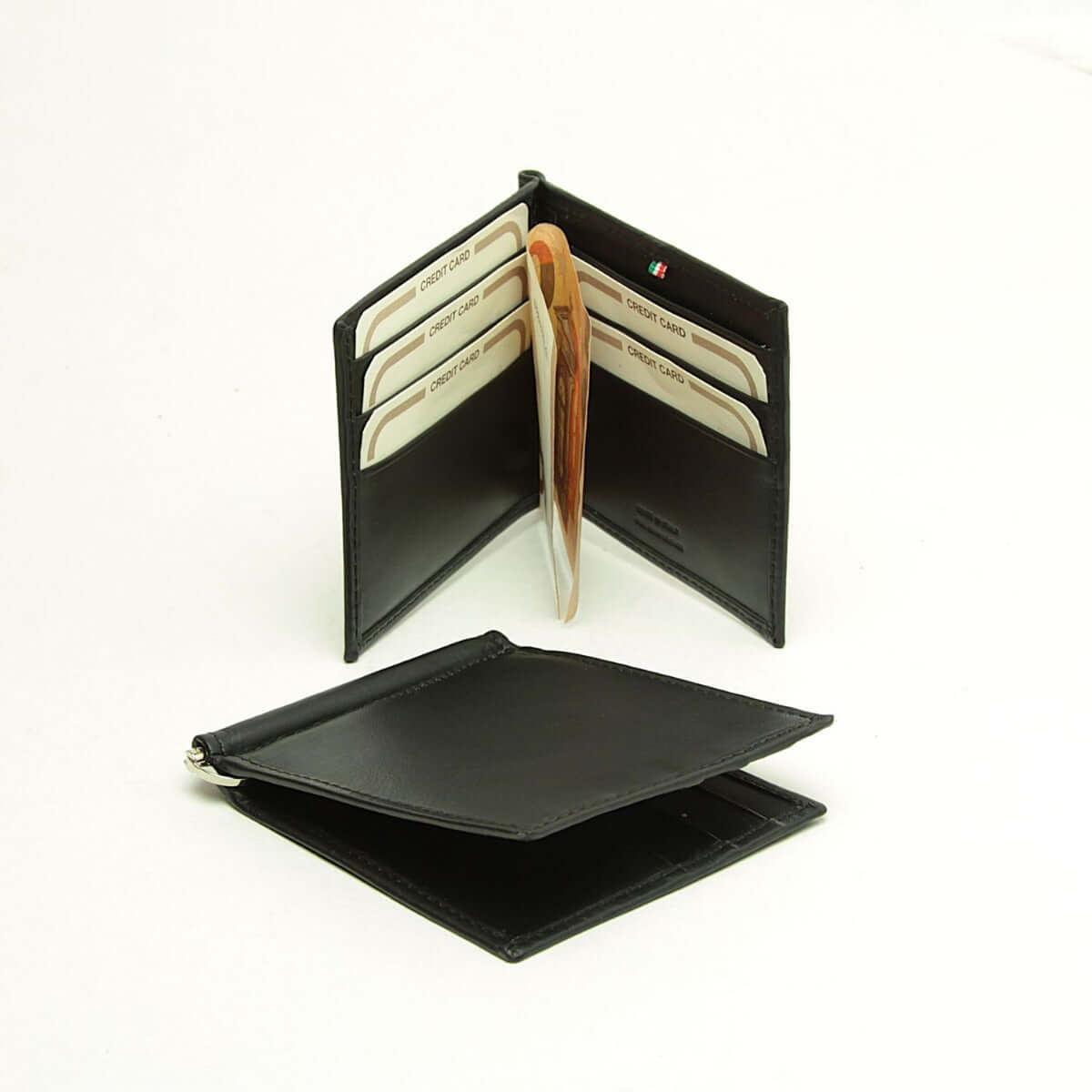 Portafoglio pelle fermasoldi schermatura RFID, in pelle bovina con 6 scomparti per carte di credito, Made in Italy.