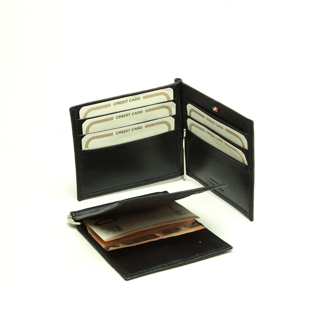 Portafoglio pelle fermasoldi schermatura RFID in pelle bovina con vani per carte di credito e scomparto per banconote.
