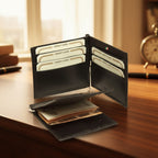Portafoglio in pelle nero aperto con tasche interne e carte di credito