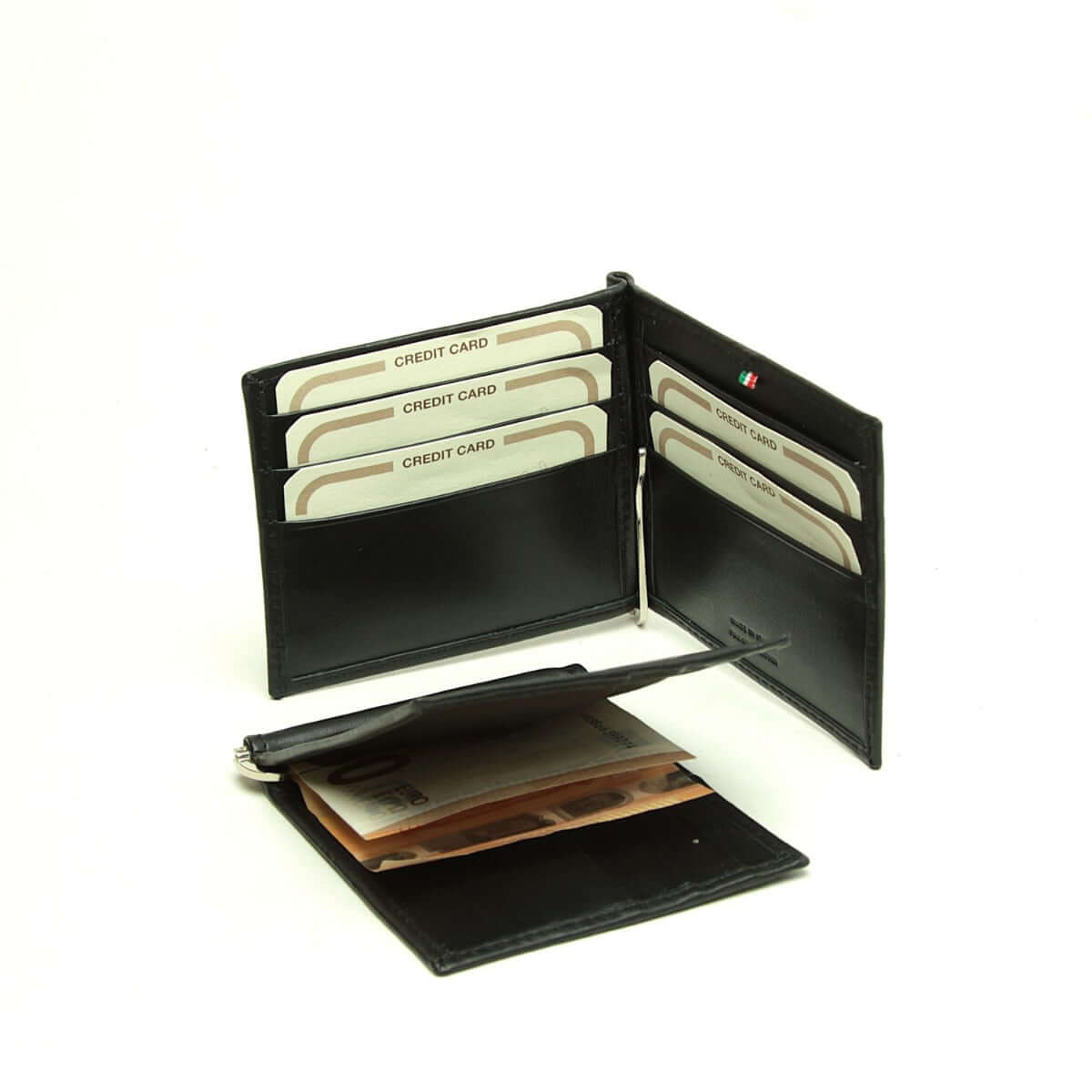 Portafoglio pelle fermasoldi schermatura RFID in pelle bovina con vani per carte di credito e scomparto per banconote.