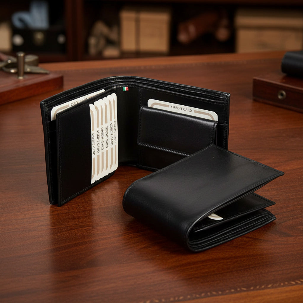Portafoglio nero in pelle con portacarte, stile bifold
