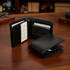 Portafoglio nero in pelle con portacarte, stile bifold