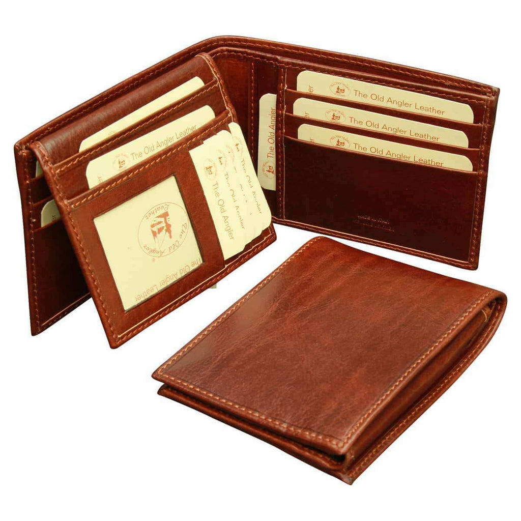 Portafoglio in pelle RFID marrone, aperto con tasche per carte e portamonete